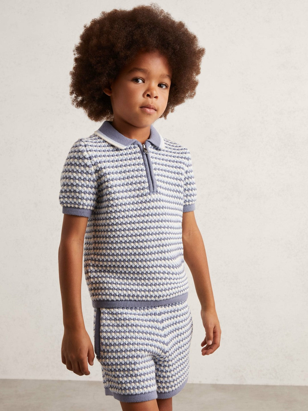9-13 yrs Knitted Stripe Half-Zip Polo Shirt in Blue/White | Reiss Children & Baby Recommended