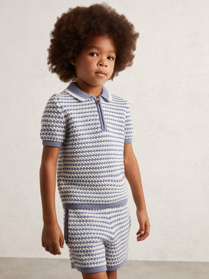 9-13 yrs Knitted Stripe Half-Zip Polo Shirt in Blue/White | Reiss Children & Baby Recommended