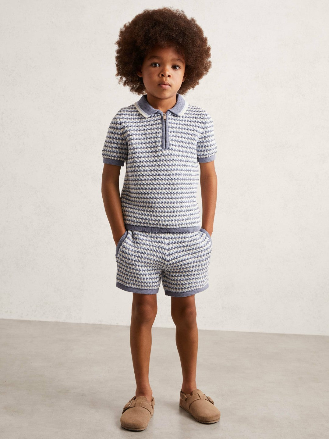 9-13 yrs Knitted Stripe Half-Zip Polo Shirt in Blue/White | Reiss Children & Baby Recommended