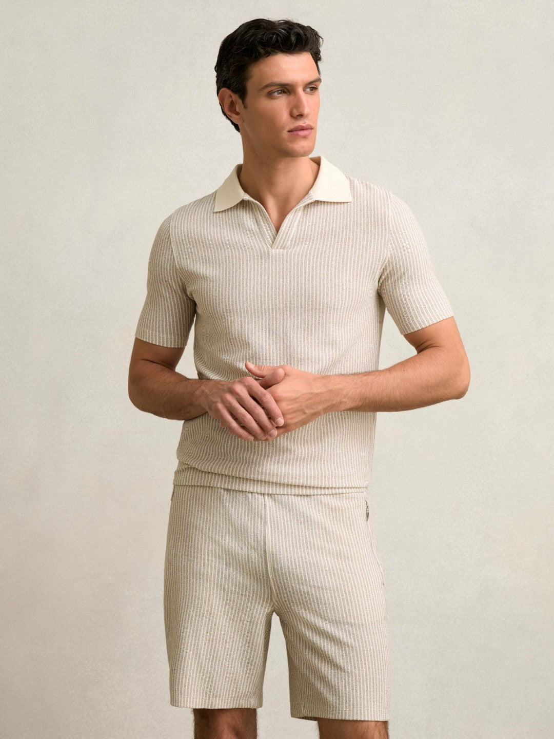 Cotton-Blend Stripe Drawstring Shorts in Ecru/Taupe Brown | Reiss Men Popular