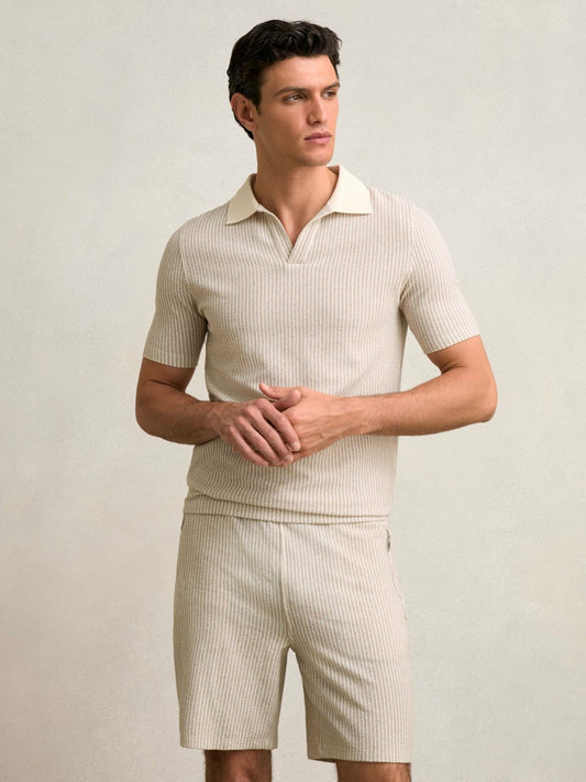 Cotton-Blend Stripe Drawstring Shorts in Ecru/Taupe Brown | Reiss Men Popular