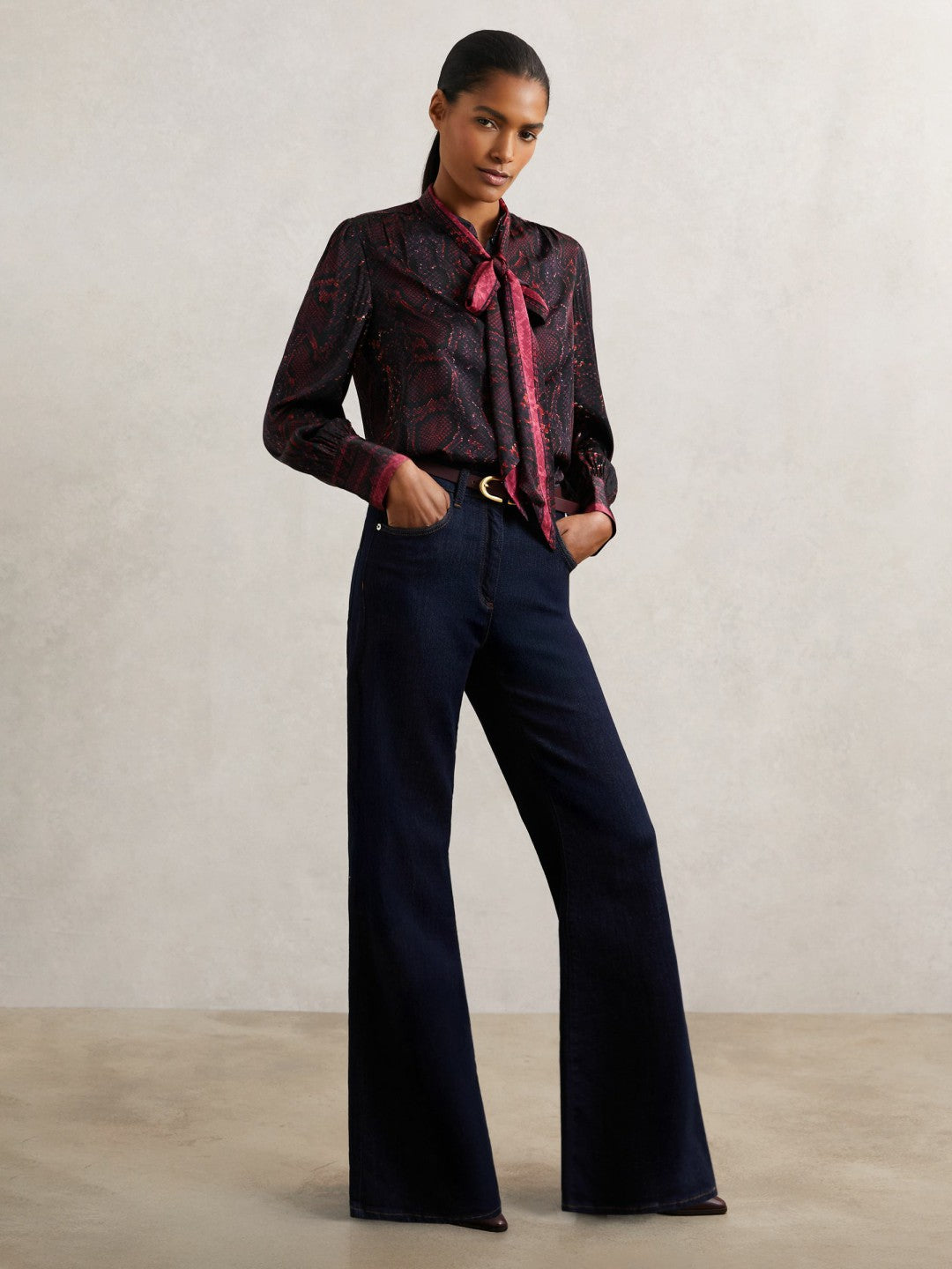 Snake-Print Tie-Neck Blouse in Burgundy | Reiss Women Best Seller