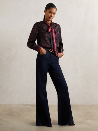Snake-Print Tie-Neck Blouse in Burgundy | Reiss Women Best Seller