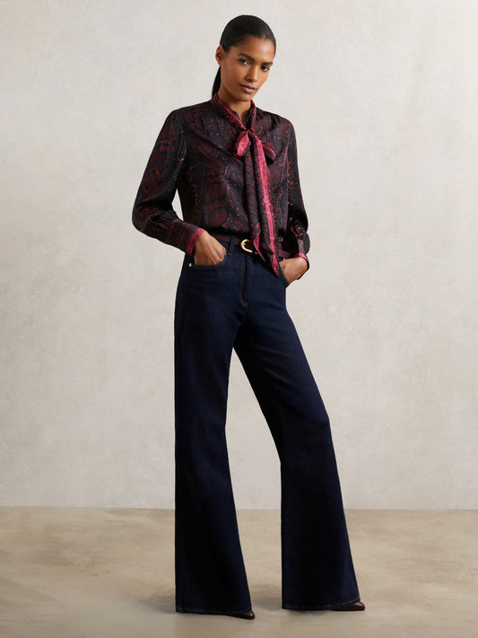 Snake-Print Tie-Neck Blouse in Burgundy | Reiss Women Best Seller
