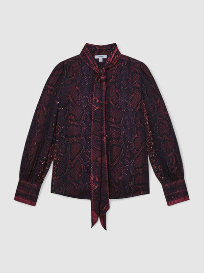 Snake-Print Tie-Neck Blouse in Burgundy | Reiss Women Best Seller