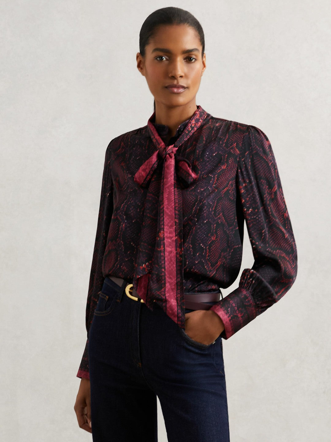 Snake-Print Tie-Neck Blouse in Burgundy | Reiss Women Best Seller