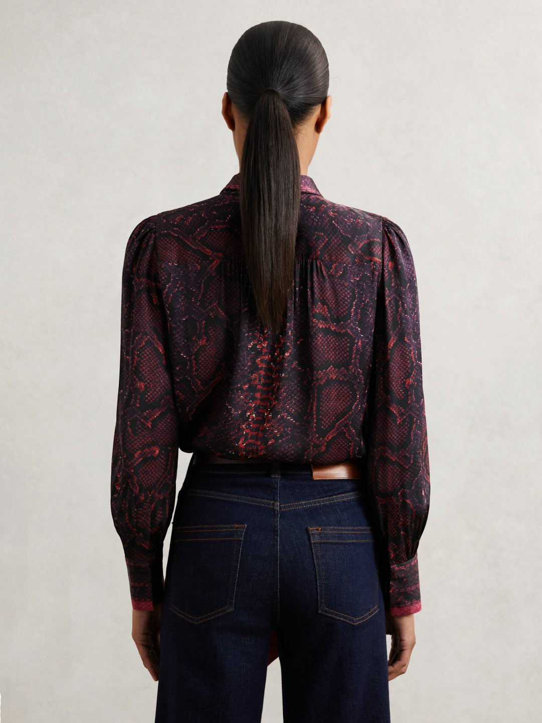 Snake-Print Tie-Neck Blouse in Burgundy | Reiss Women Best Seller