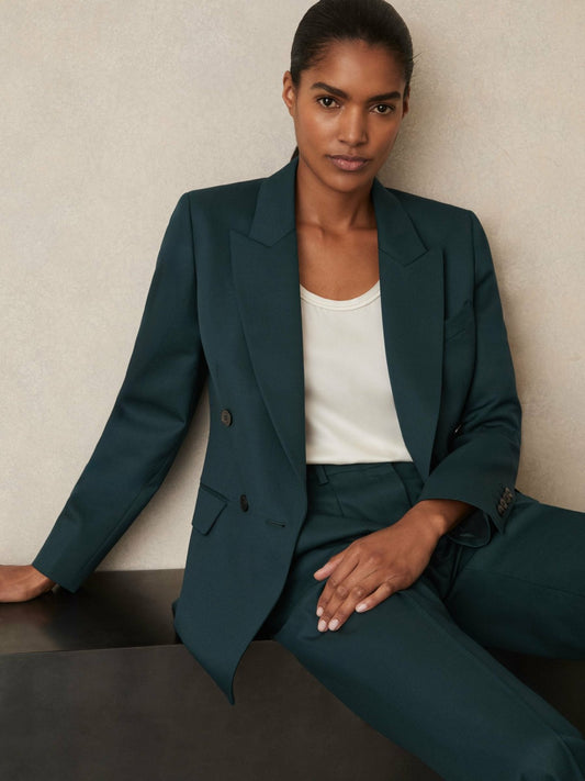 Wool-Blend Double-Breasted Suit Blazer in Green | Reiss Women Recommended
