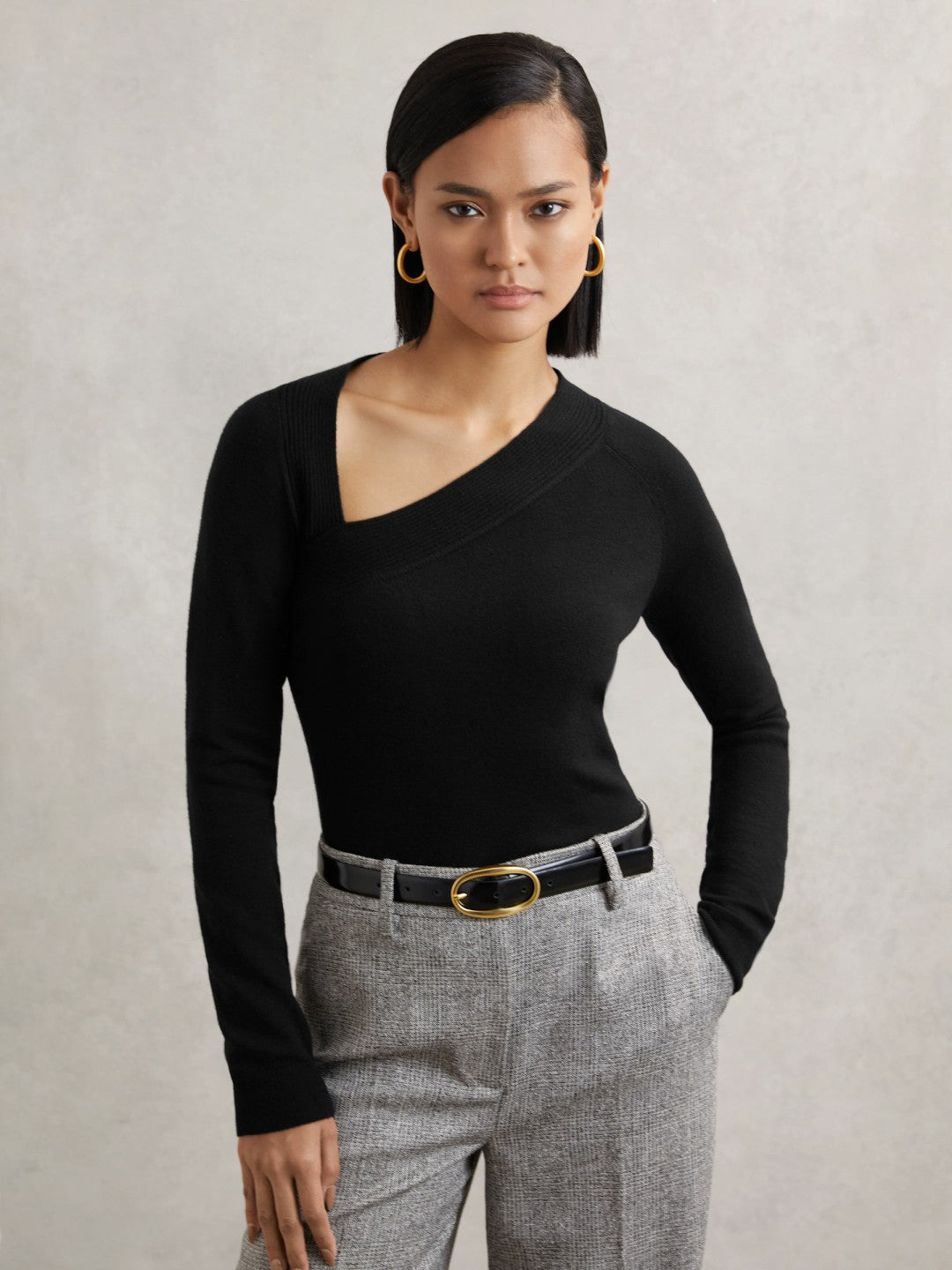 Wool-Blend Asymmetric Knit Top in Black | Reiss Women Signature