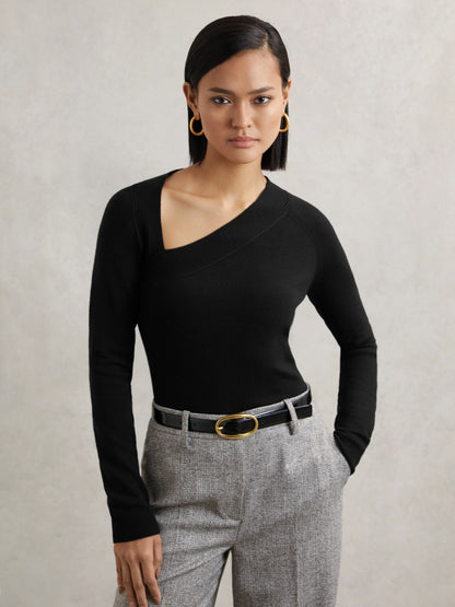 Wool-Blend Asymmetric Knit Top in Black | Reiss Women Signature