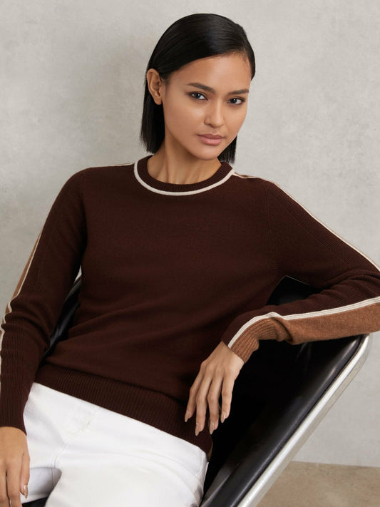 Wool-Blend Colour-Block Jumper With Cashmere in Burgundy/Tan | Reiss Women Trending
