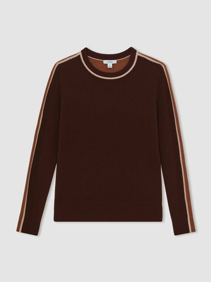 Wool-Blend Colour-Block Jumper With Cashmere in Burgundy/Tan | Reiss Women Trending