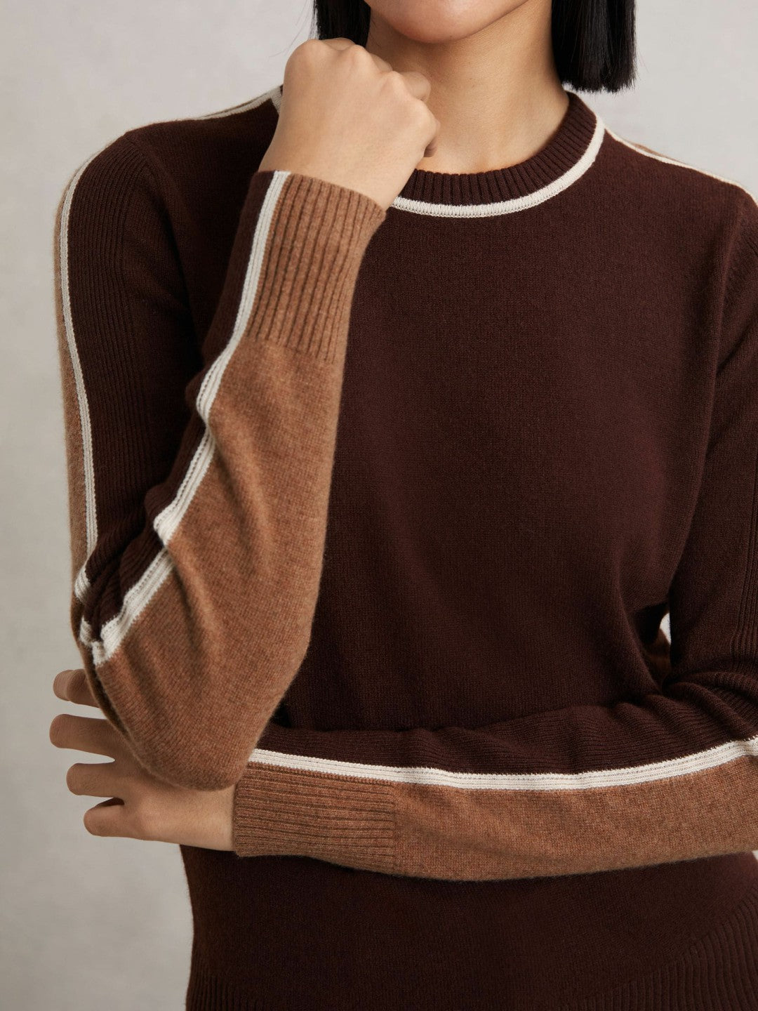Wool-Blend Colour-Block Jumper With Cashmere in Burgundy/Tan | Reiss Women Trending
