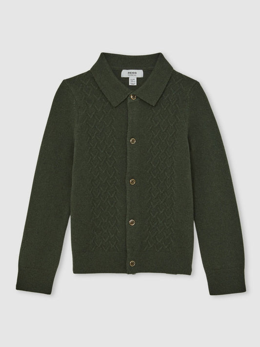 13-14 yrs Wool V-Stitch Button-Through Cardigan in Forest Green | Reiss Children & Baby Premium