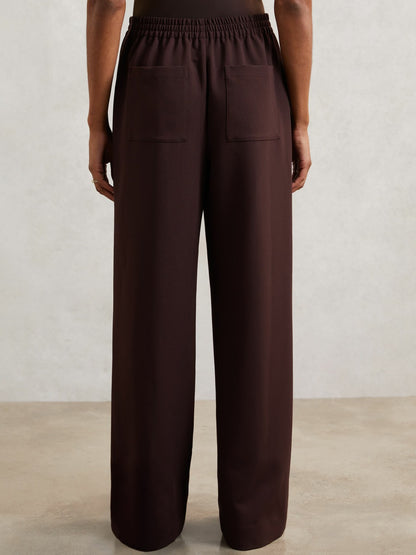 Petite Wide Leg Elasticated Waist Trousers in Burgundy | Reiss Women Premium