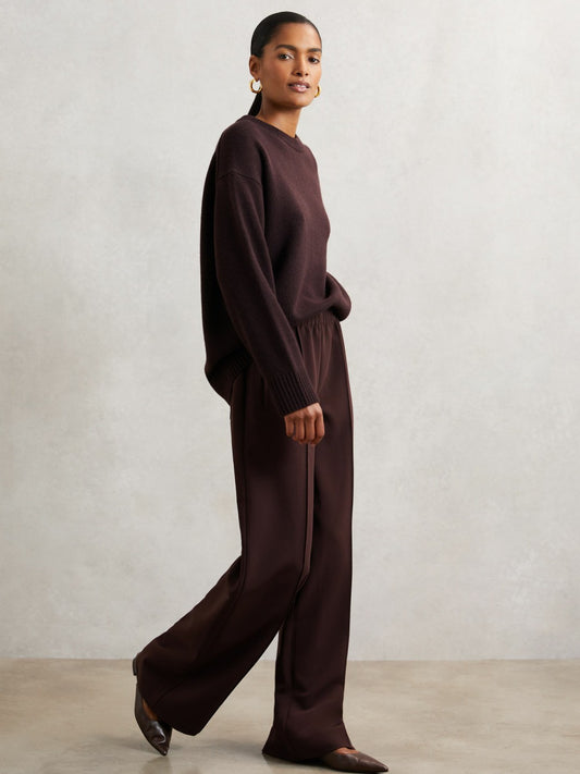 Wide Leg Elasticated Waist Trousers in Burgundy | Reiss Women Featured