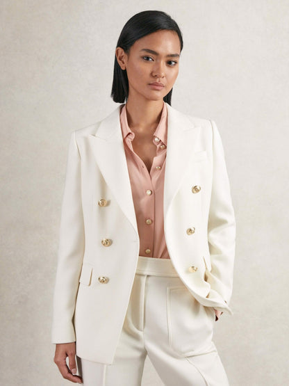 Petite Double-Breasted Twill Suit Blazer With Wool in White | Reiss Women Exclusive