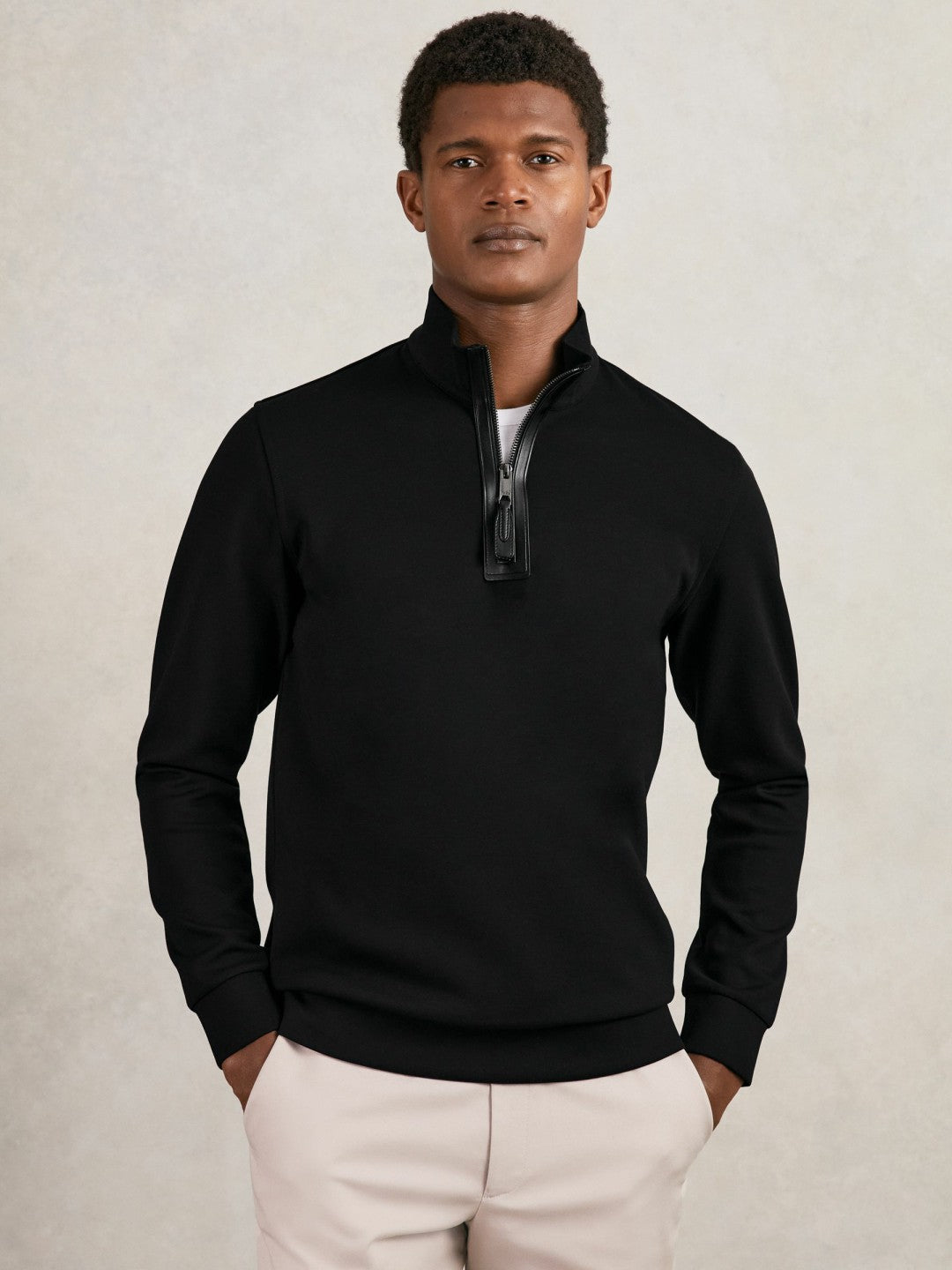 Leather-Placket Interlock Sweatshirt in Black | Reiss Men Featured