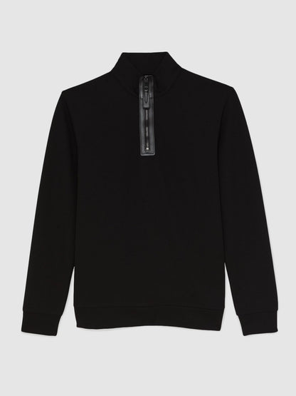 Leather-Placket Interlock Sweatshirt in Black | Reiss Men Featured