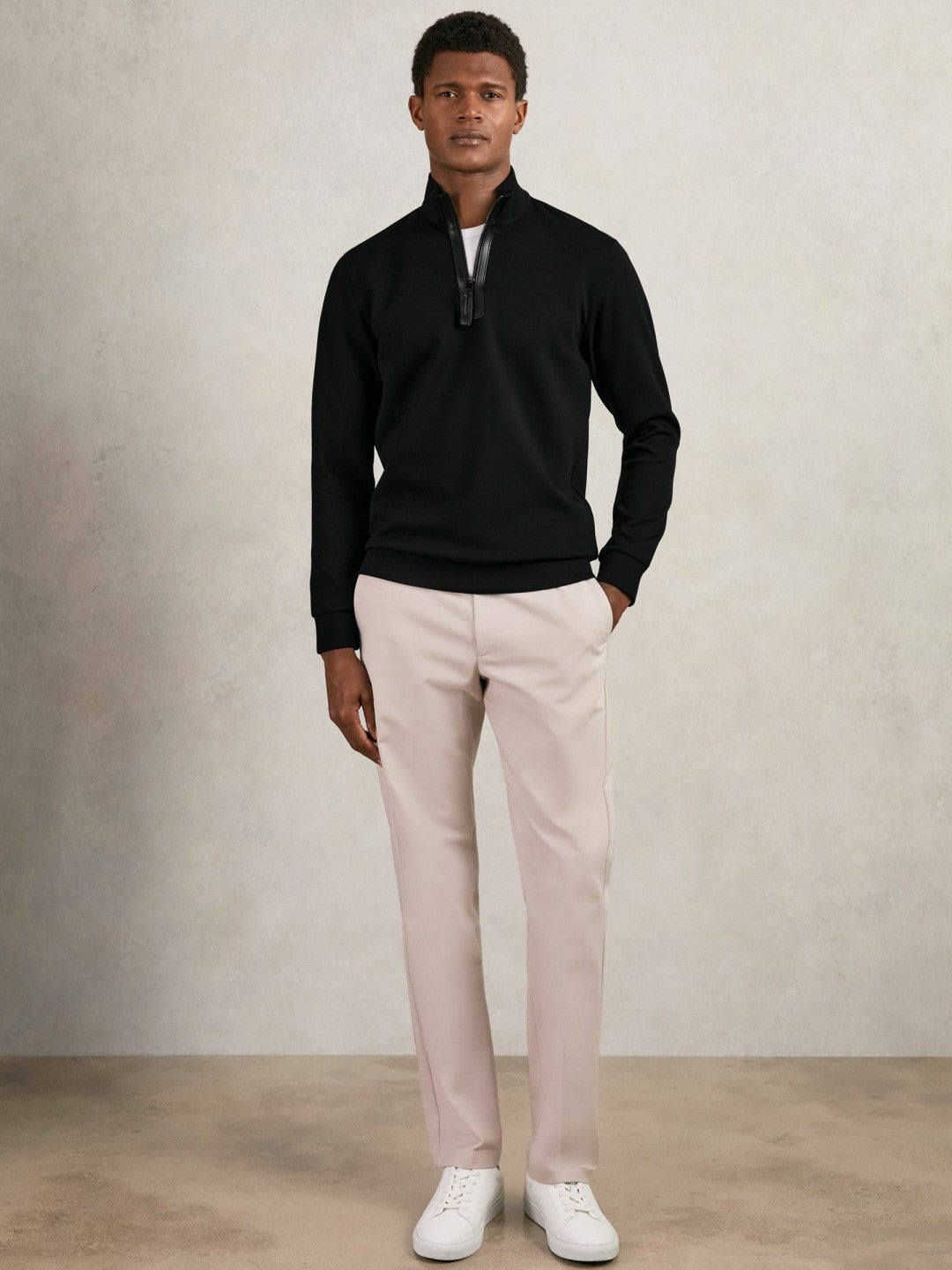 Leather-Placket Interlock Sweatshirt in Black | Reiss Men Featured