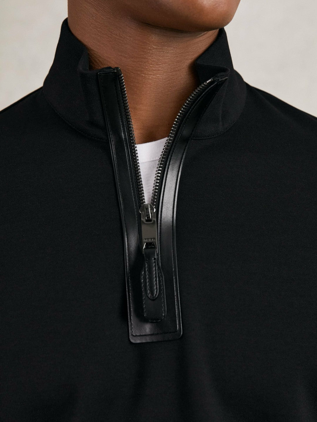 Leather-Placket Interlock Sweatshirt in Black | Reiss Men Featured