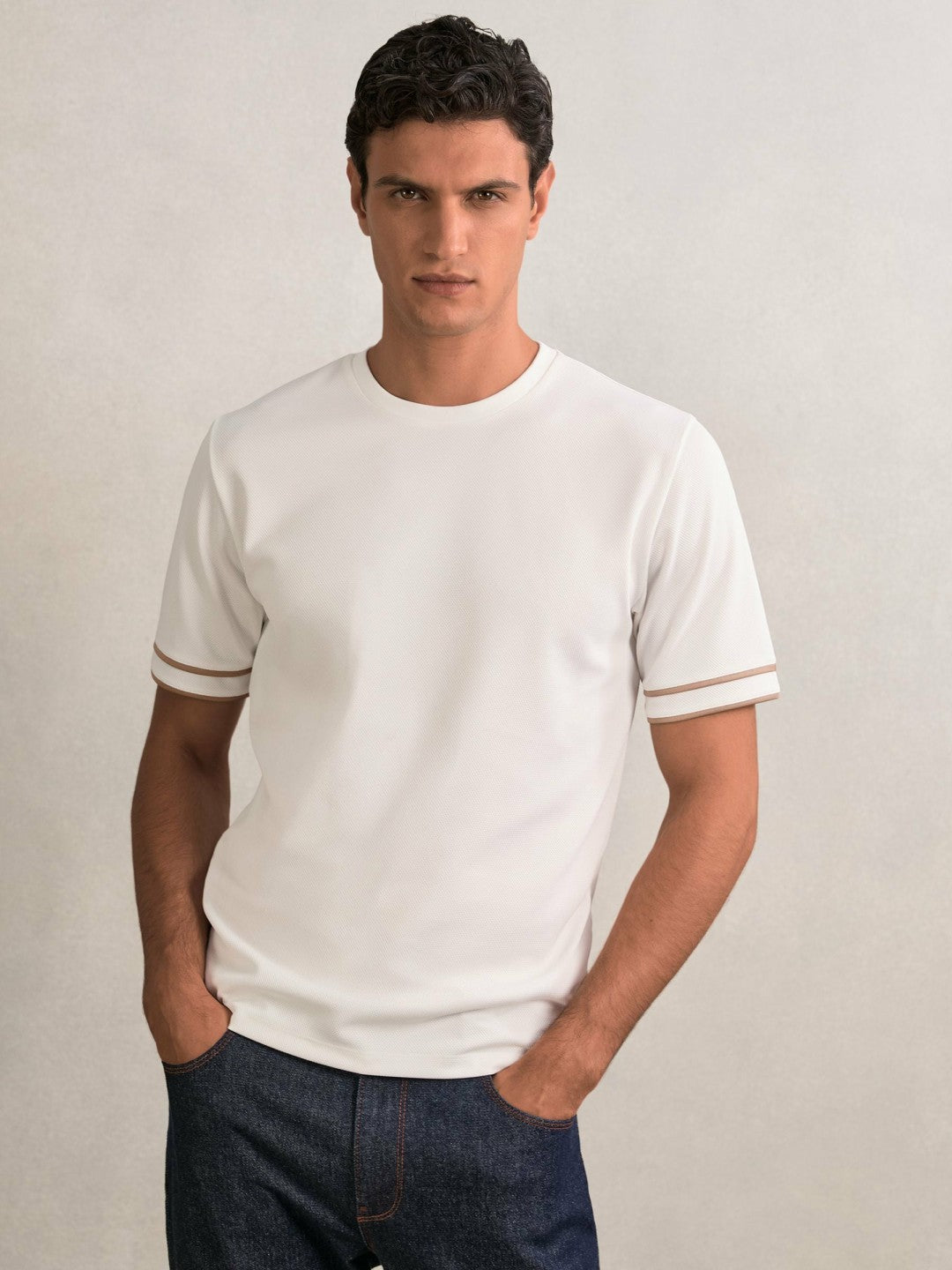 Textured Crew-Neck Tipped T-Shirt in White | Reiss Men Featured