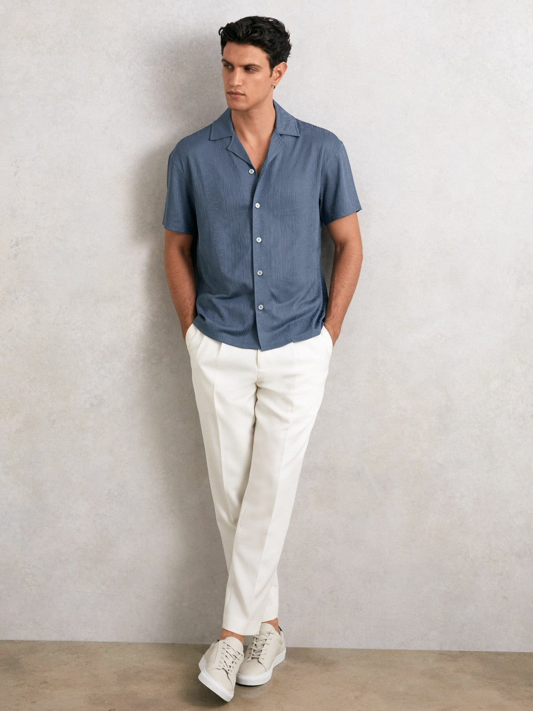 Jacquard-Stripe Cuban-Collar Shirt in Airforce Blue | Reiss Men Trending