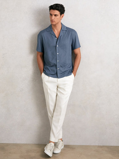 Jacquard-Stripe Cuban-Collar Shirt in Airforce Blue | Reiss Men Trending