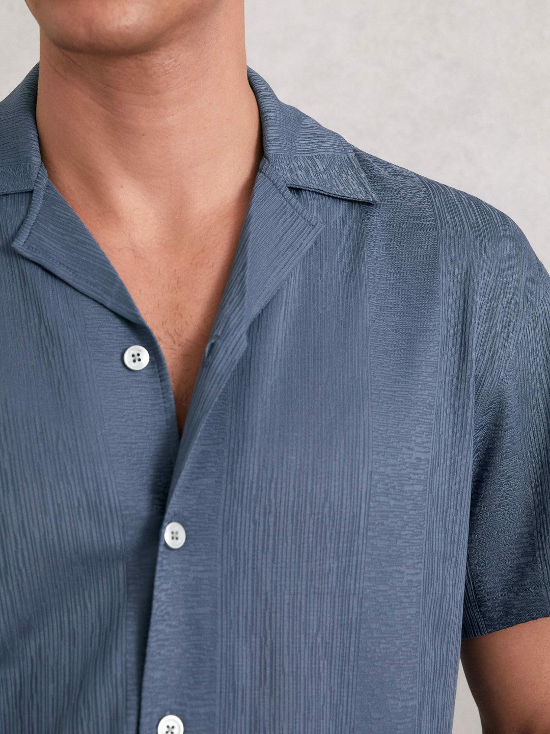 Jacquard-Stripe Cuban-Collar Shirt in Airforce Blue | Reiss Men Trending