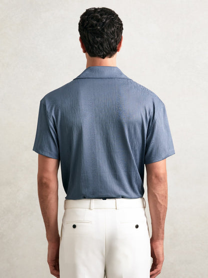 Jacquard-Stripe Cuban-Collar Shirt in Airforce Blue | Reiss Men Trending