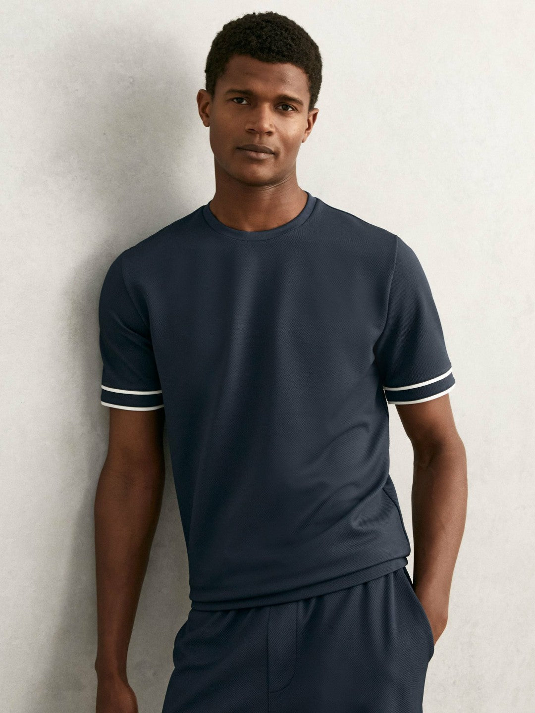 Textured Crew-Neck Tipped T-Shirt in Airforce Blue | Reiss Men Popular