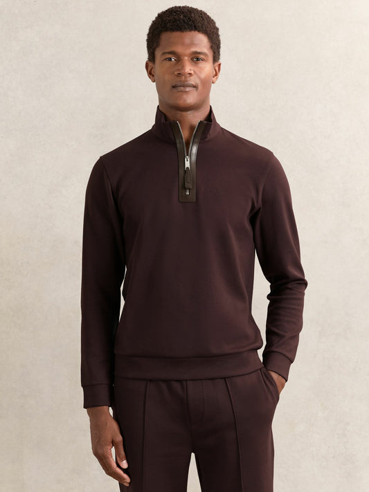 Leather-Placket Interlock Sweatshirt in Cherry Red | Reiss Men Recommended