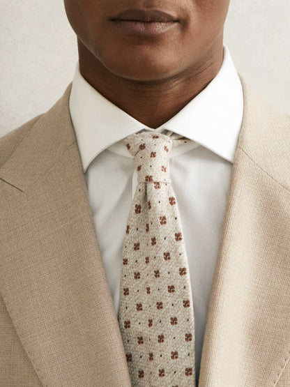 Wool-Silk Floral-Medallion Tie in Oatmeal Melange | Reiss Men Premium