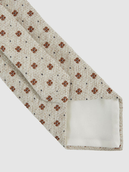 Wool-Silk Floral-Medallion Tie in Oatmeal Melange | Reiss Men Premium