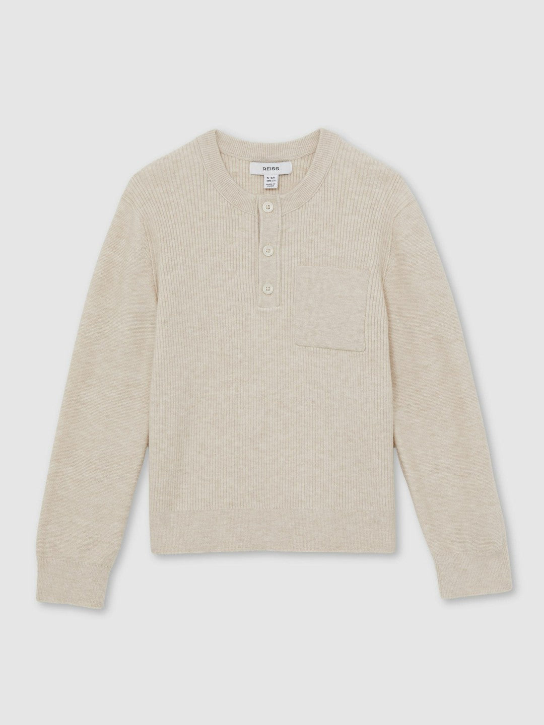 13-14 yrs Cotton-Blend Rib-Knit Henley Top in Oatmeal Melange | Reiss Children & Baby Premium