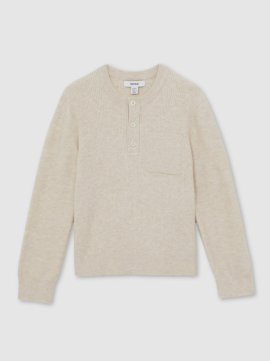 13-14 yrs Cotton-Blend Rib-Knit Henley Top in Oatmeal Melange | Reiss Children & Baby Premium