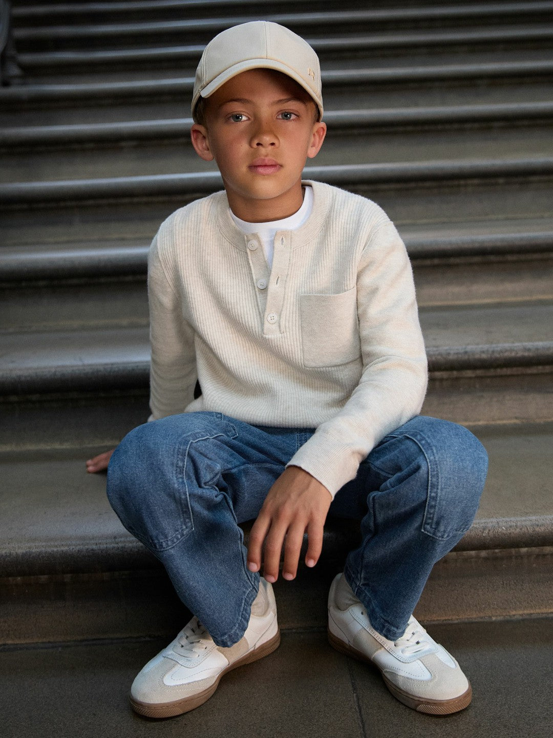 3-9 yrs Cotton-Blend Rib-Knit Henley Top in Oatmeal Melange | Reiss Children & Baby Popular