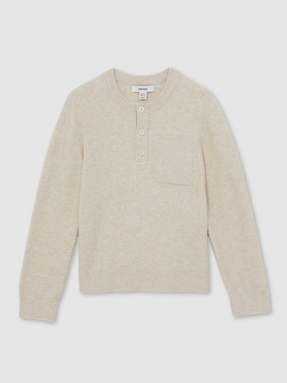 3-9 yrs Cotton-Blend Rib-Knit Henley Top in Oatmeal Melange | Reiss Children & Baby Popular