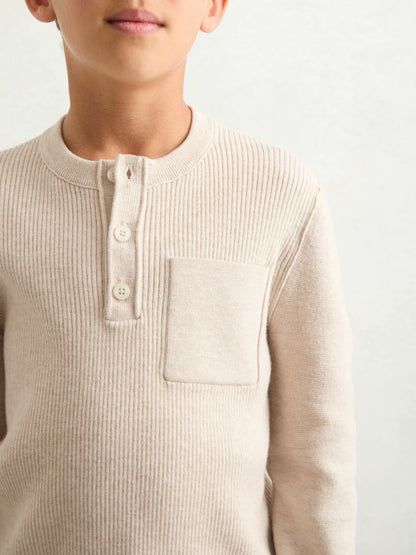3-9 yrs Cotton-Blend Rib-Knit Henley Top in Oatmeal Melange | Reiss Children & Baby Popular