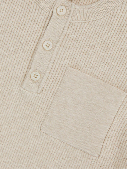 3-9 yrs Cotton-Blend Rib-Knit Henley Top in Oatmeal Melange | Reiss Children & Baby Popular