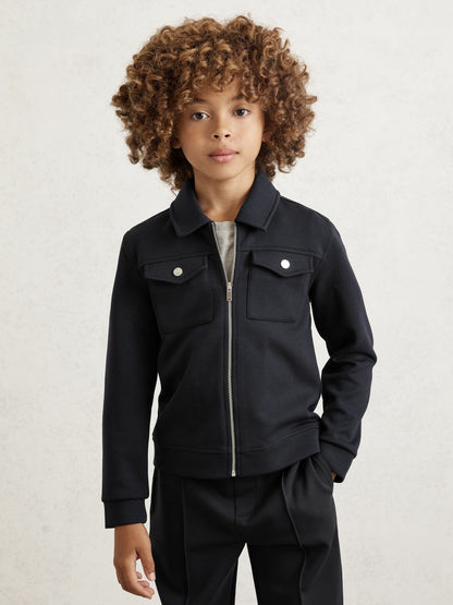 9-13 yrs Interlock Zip Through Overshirt in Navy Blue | Reiss Children & Baby Exclusive