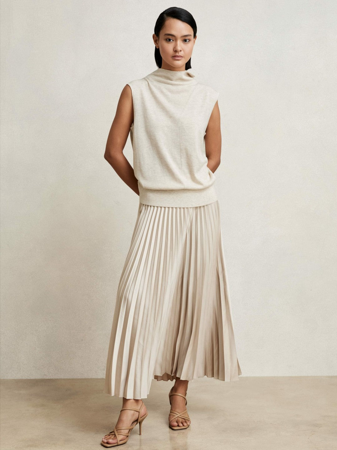 Pleated Midi Skirt in Champagne Neutral | Reiss Women Exclusive