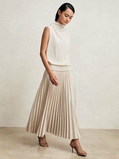 Pleated Midi Skirt in Champagne Neutral | Reiss Women Exclusive
