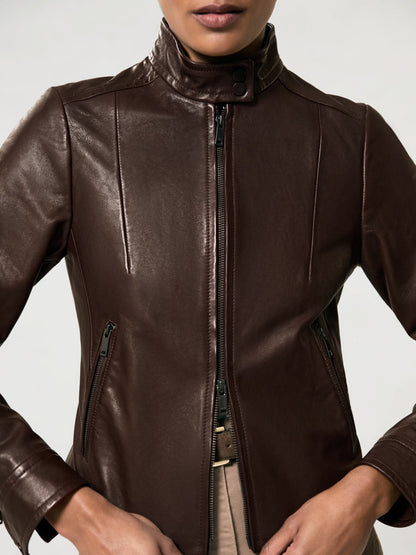 Fitted Leather Biker Jacket in Burgundy | Reiss Women Recommended