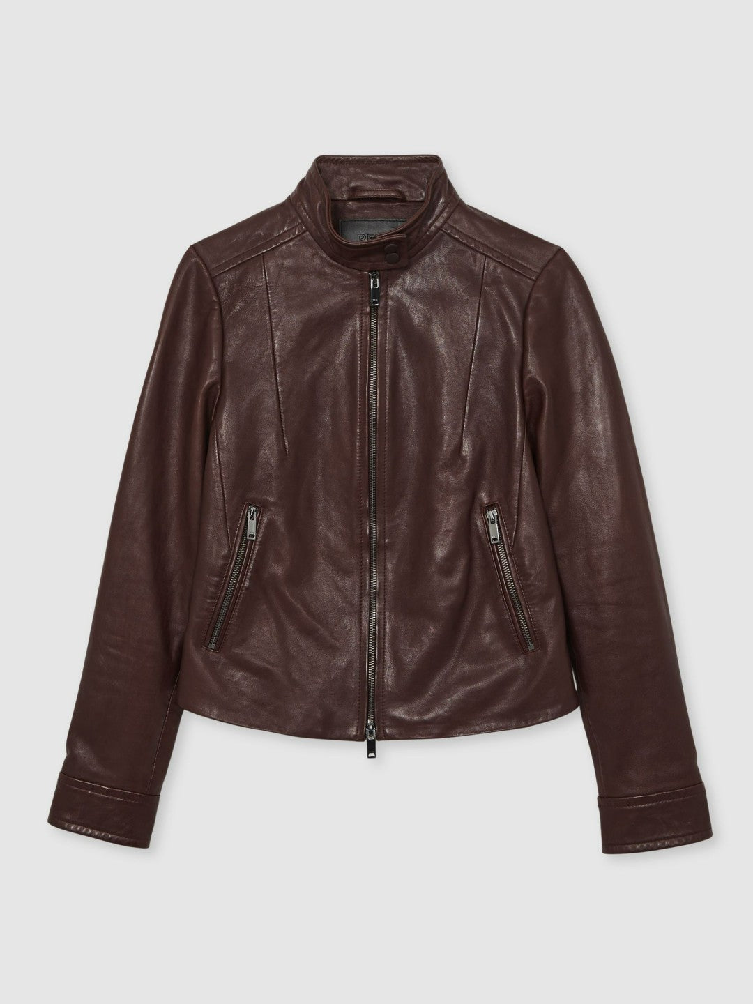 Fitted Leather Biker Jacket in Burgundy | Reiss Women Recommended