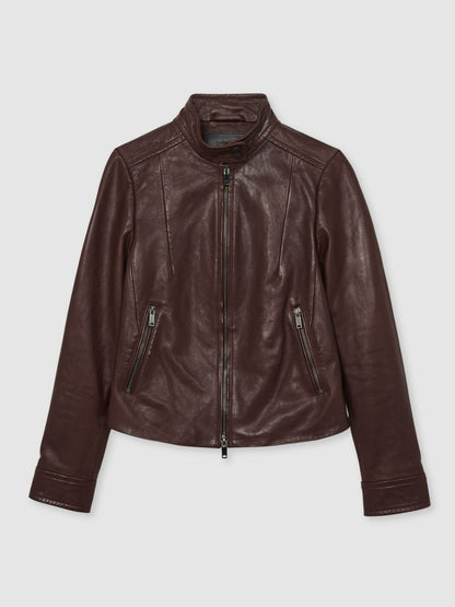 Fitted Leather Biker Jacket in Burgundy | Reiss Women Recommended