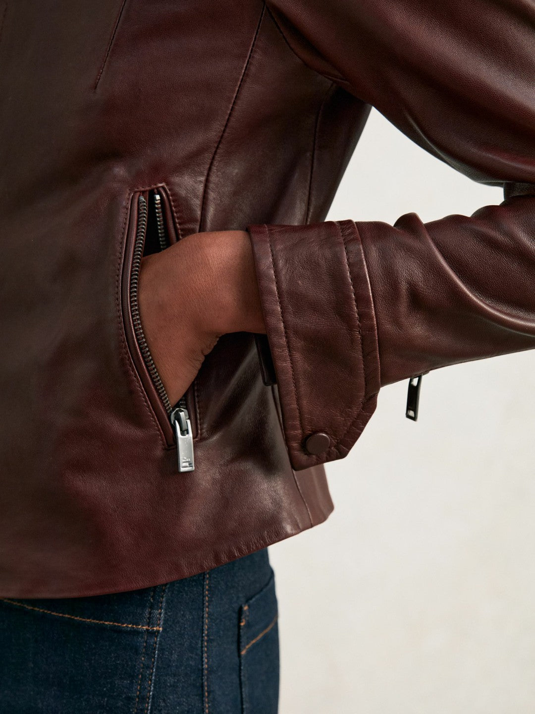 Fitted Leather Biker Jacket in Burgundy | Reiss Women Recommended