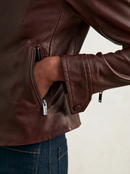 Fitted Leather Biker Jacket in Burgundy | Reiss Women Recommended