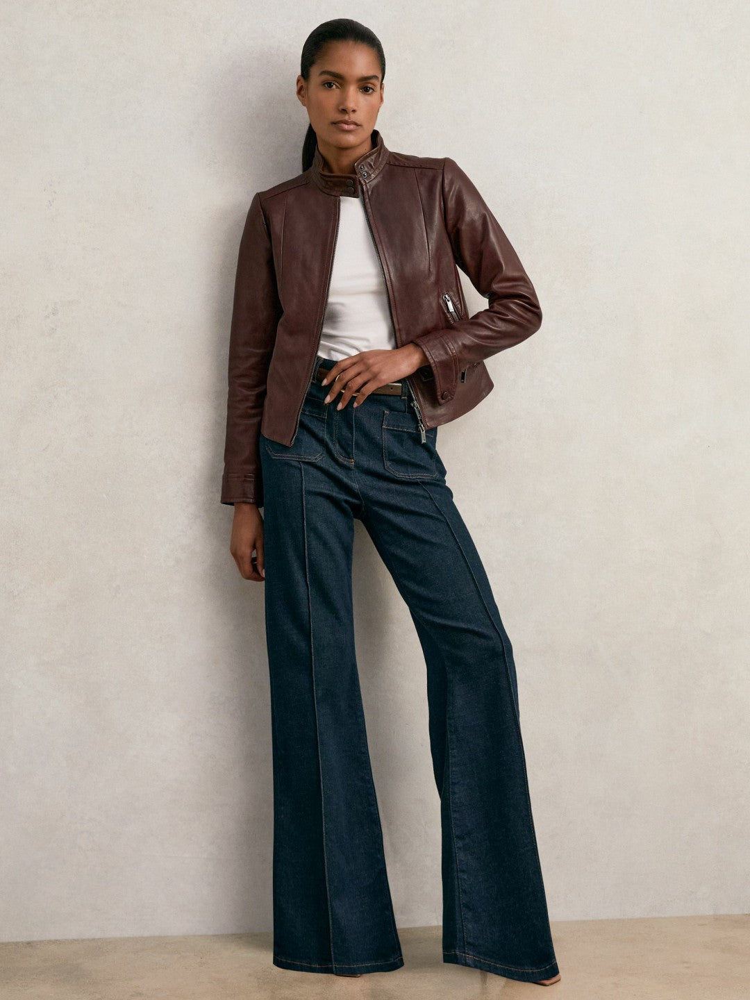 Fitted Leather Biker Jacket in Burgundy | Reiss Women Recommended