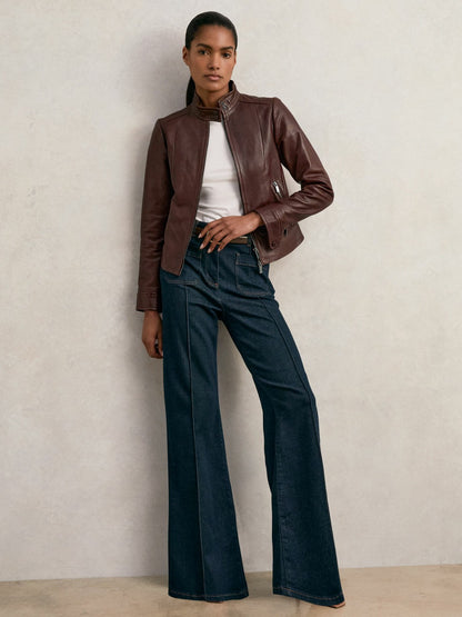 Fitted Leather Biker Jacket in Burgundy | Reiss Women Recommended